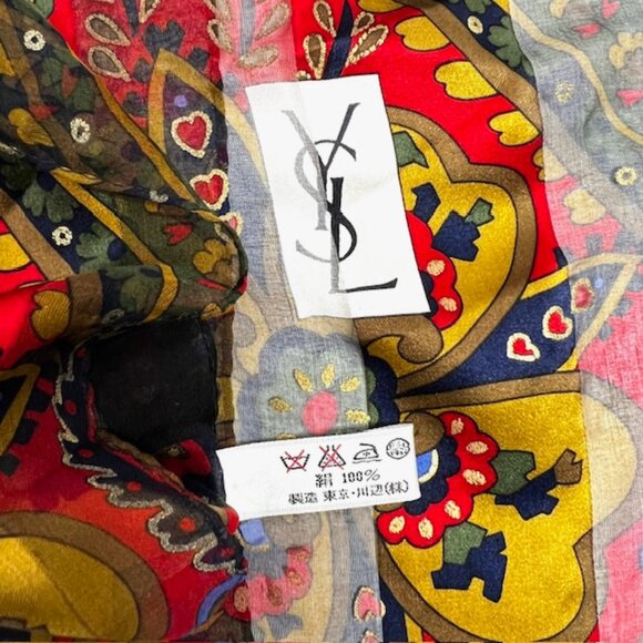 Unused Yves Saint Laurent 100% Silk Chiffon/Satin scarf 68x23 Black Red Flora(32 - Picture 13 of 16